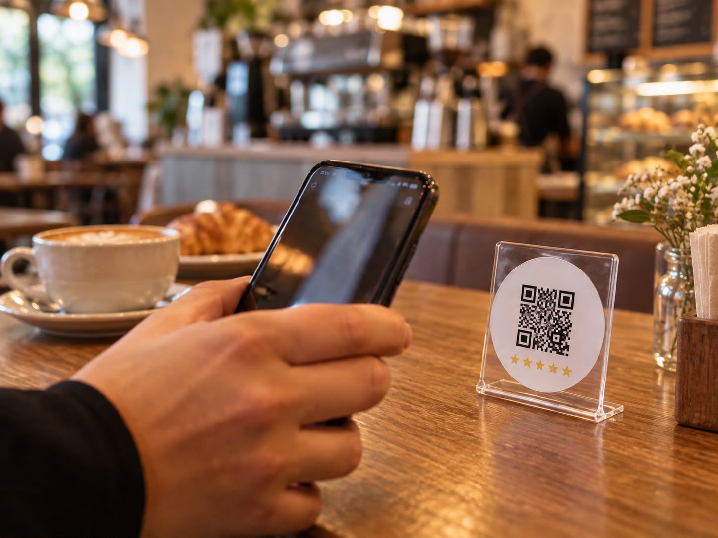 Cliente en una cafetería con el móvil en la mano, junto a la tarjeta de reseñas en un soporte transparente sobre la mesa